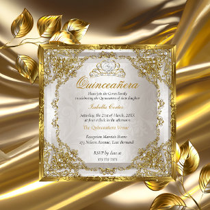 Quinceanera Birthday Gold Beige Pearl Damask Invitation