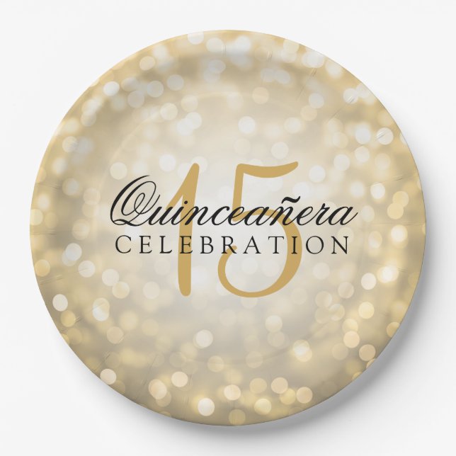 Quinceanera Birthday Gold Bokeh Lights Paper Plate (Front)