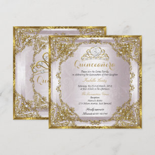 Quinceanera Birthday Gold Pearl Pink Damask Invitation