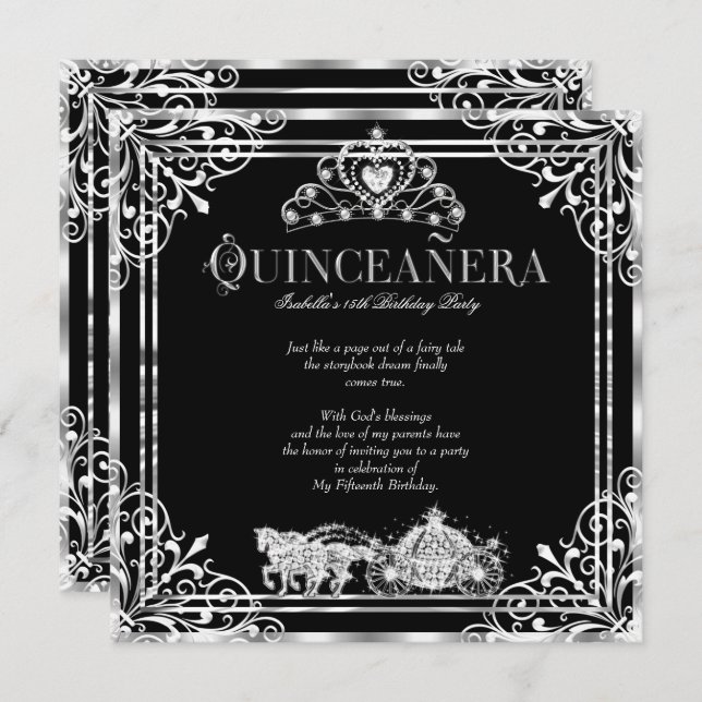 Quinceanera Birthday Horse Carriage Black Silver 2 Invitation (Front/Back)