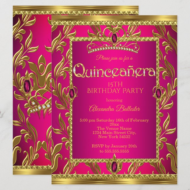 Quinceanera Birthday Hot Pink Jewel Tiara Gold Invitation (Front/Back)