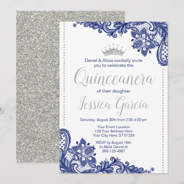Quinceañera Birthday Invitation | Blue and Silver (Front/Back)