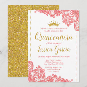 Quinceañera Birthday Invitation   Coral & Gold
