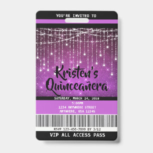 Quinceanera Birthday Invitations, Sweet 16 Invite ID Badge