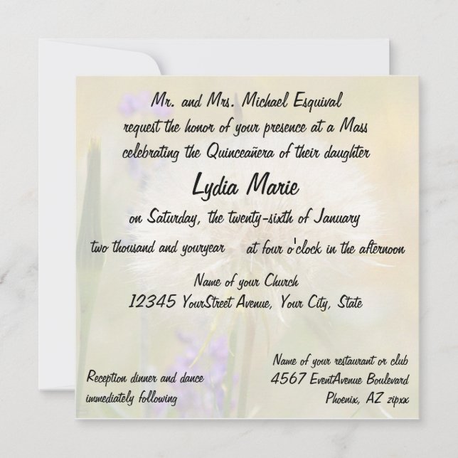 Quinceanera Birthday Mass Dandelion Invitation (Front)