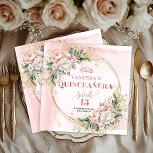 Quinceañera Birthday Napkins with Rose Gold Flower