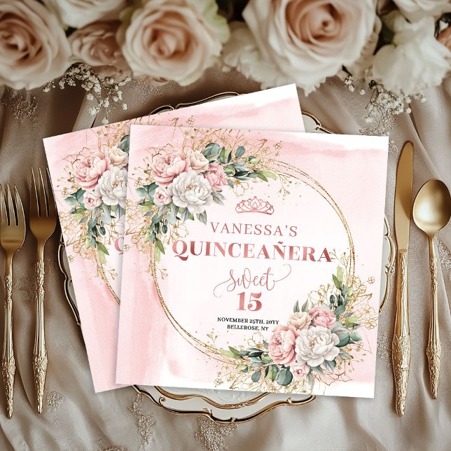 Quinceañera Birthday Napkins with Rose Gold Flower (Quinceañera Birthday Napkins with Rose Gold Flowers)