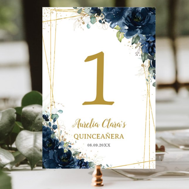 Quinceañera Birthday Navy Blue Floral Gold  Table Number (Creator Uploaded)