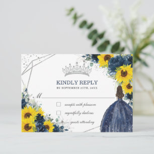 Quinceañera Birthday Navy Blue Sunflower Floral  RSVP Card