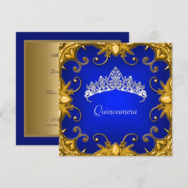 Quinceanera Birthday Party Bjue Gold White Tiara Invitation (Front/Back)