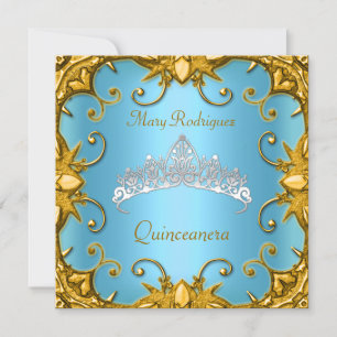 Quinceanera Birthday Party Blue Gold White Tiara Invitation