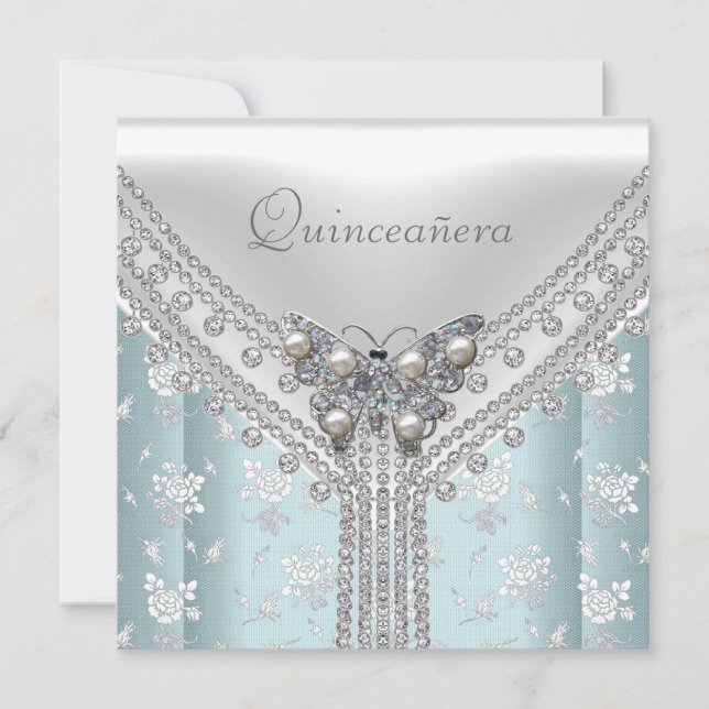 Quinceañera Birthday Party Blue White Butterfly Invitation (Front)