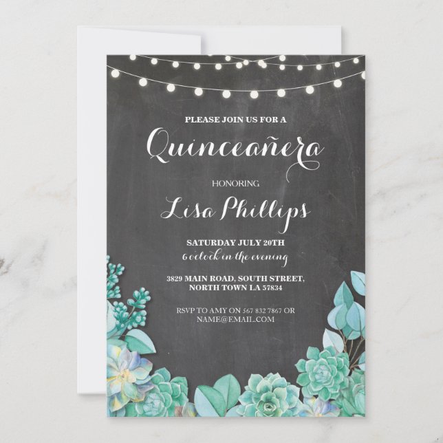Quinceanera Birthday Party Chalk Succulents Invite (Front)