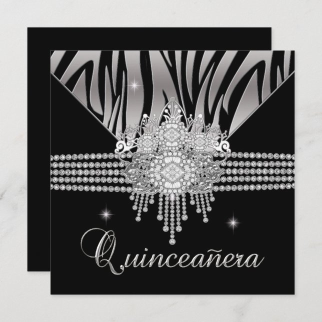 Quinceanera Birthday Party Diamond Black Zebra Invitation (Front/Back)