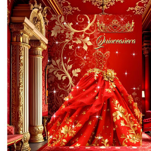 Quinceanera Birthday Party Exotic Red Gold Dress Invitation
