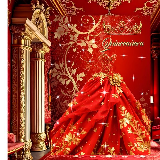 Quinceanera Birthday Party Exotic Red Gold Dress Invitation (Creator Uploaded)