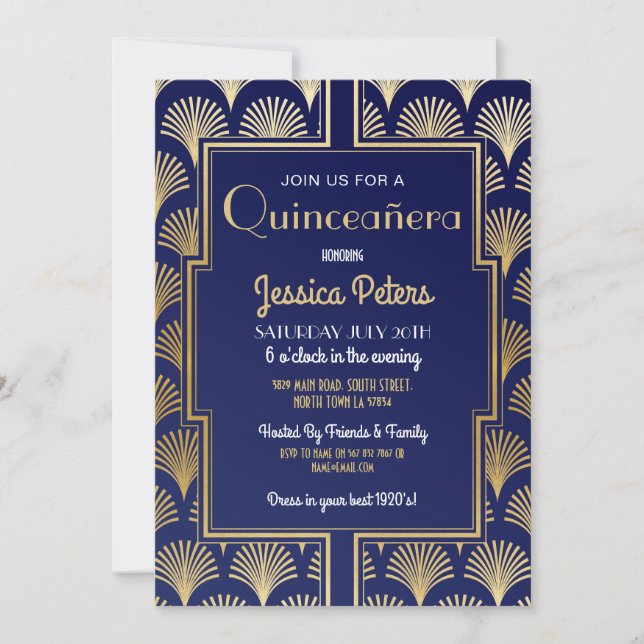 Quinceanera Birthday Party Gatsby Art Deco Gold Invitation (Front)