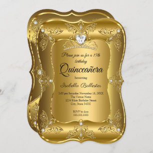 Quinceanera Birthday Party Gold Diamond Tiara Invitation