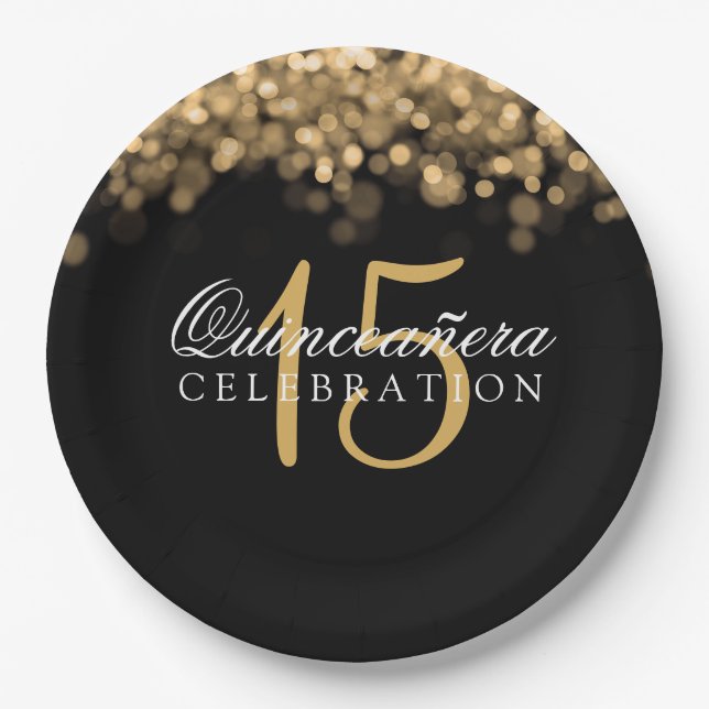 Quinceanera Birthday Party Gold Lights Paper Plate (Front)
