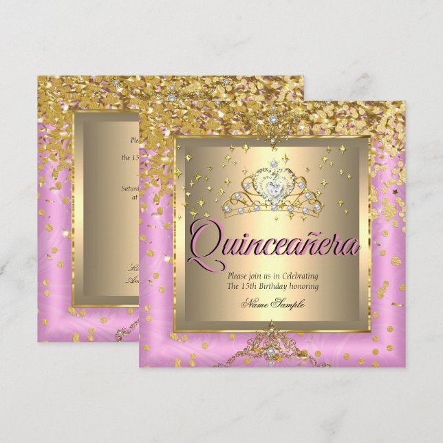Quinceanera Birthday Party Gold Pink Invitation (Front/Back)