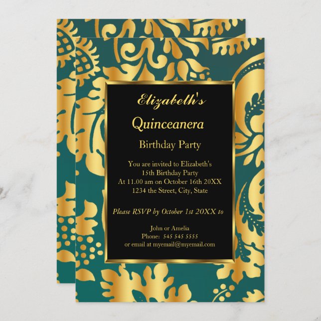 Quinceanera Birthday Party Gold Teal black floral Invitation (Front/Back)