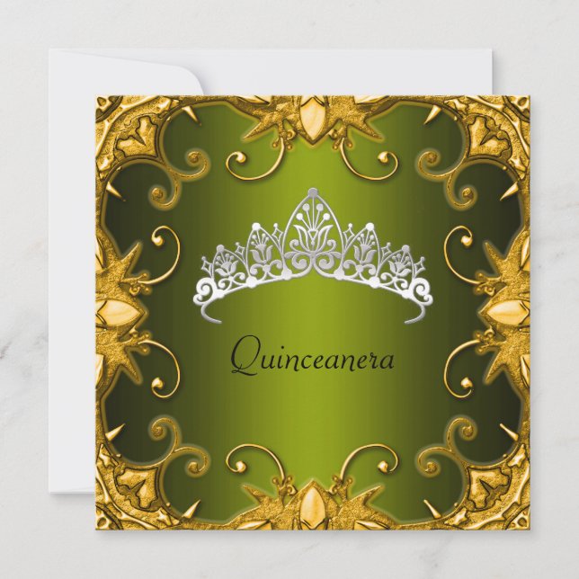 Quinceanera Birthday Party Green Gold White Tiara Invitation (Front)