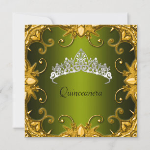 Quinceanera Birthday Party Green Gold White Tiara Invitation