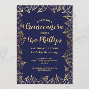 Quinceanera Birthday Party Navy Gold Fall Invitation