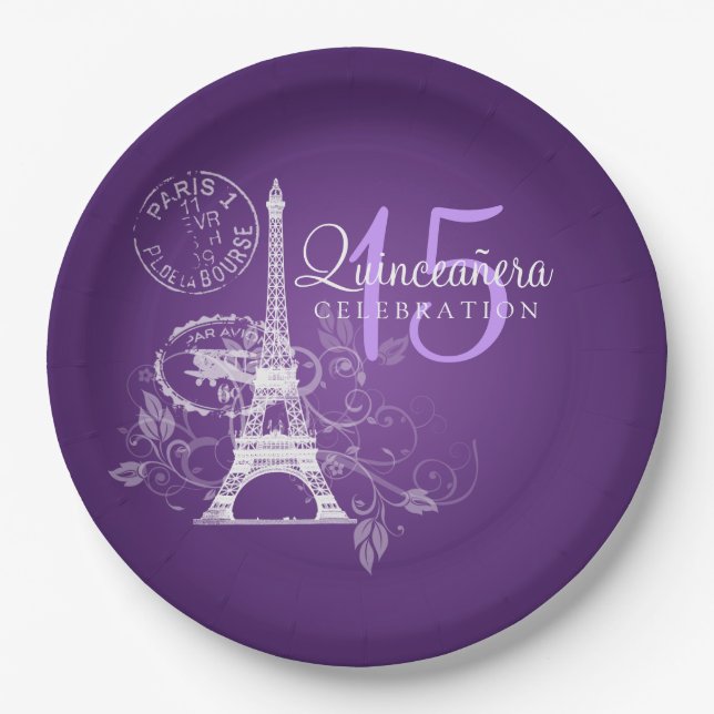 Quinceanera Birthday Party Paris Purple Paper Plate (Front)