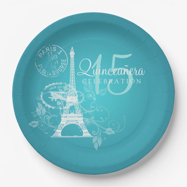 Quinceanera Birthday Party Paris Turquoise Paper Plate (Front)