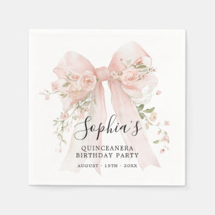 Quinceanera Birthday Party Pink Bow Roses Cocktail Napkin