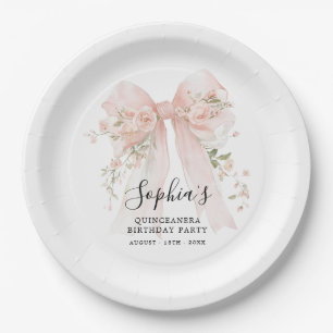 Quinceanera Birthday Party Pink Bow Roses Cocktail Paper Plate