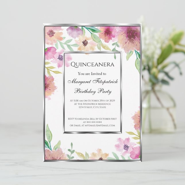 Quinceanera birthday party pink flowers  invitation (Standing Front)