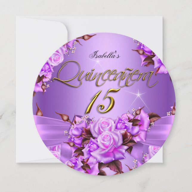 Quinceanera Birthday Party Purple Pink Rose Bow Invitation (Front)