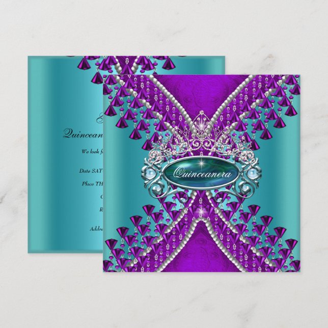 Quinceanera Birthday Party Purple Teal Blue Invitation (Front/Back)