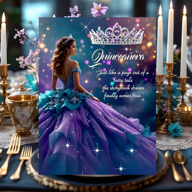 Quinceanera Birthday Party Purple Teal Dress Tiara Invitation (Creator Uploaded)