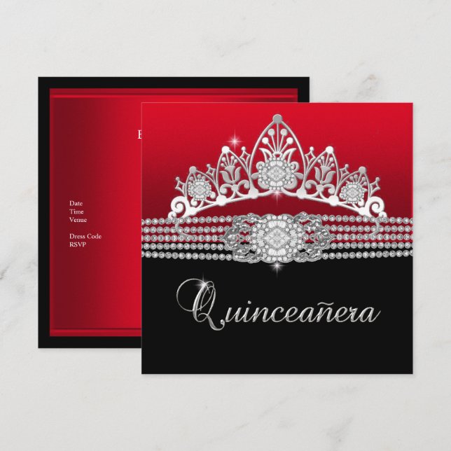 Quinceanera Birthday Party Red Diamond Black Invitation (Front/Back)