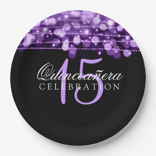 Quinceanera Birthday Party Sparkles Purple Paper Plate (Front)