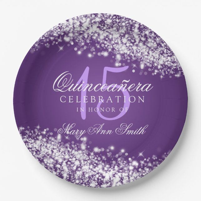Quinceanera Birthday Party Sparkling Wave Purple Paper Plate (Front)