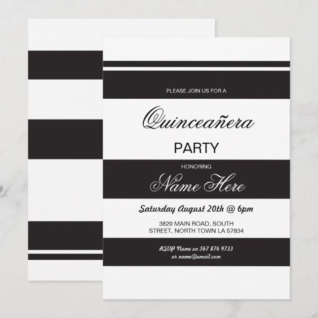 Quinceanera Birthday Party Stripe Black Invite 15 (Front/Back)