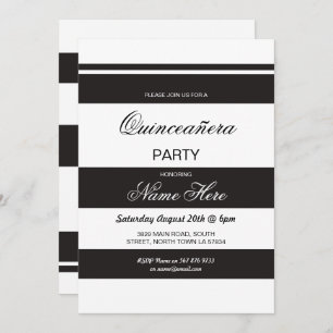Quinceanera Birthday Party Stripe Black Invite 15