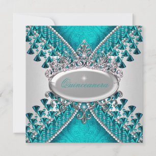 Quinceanera Birthday Party Teal Blue White Beads Invitation