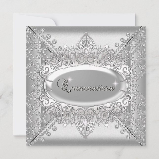 Quinceanera Birthday Party White Diamonds Silver Invitation (Front)