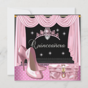Quinceanera Birthday Pink Black White Invitation