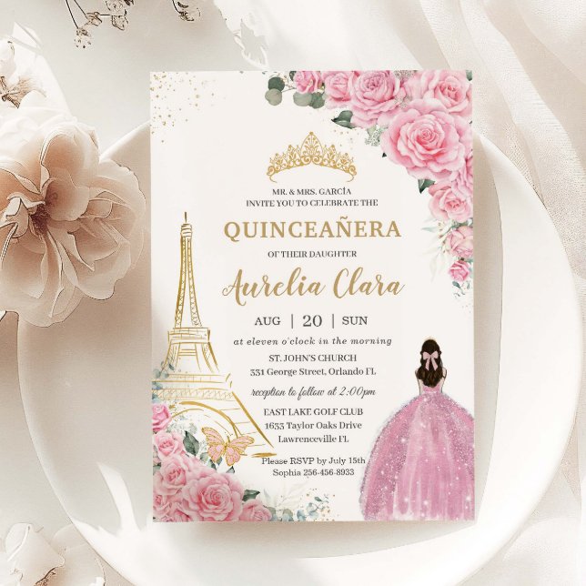 Quinceañera Birthday Pink Floral Paris Eiffel Gold Invitation (baby-pink-floral-roses-gold-eiffel-paris-princess-quinceanera-xv-sweet-16-birthday-invitation)
