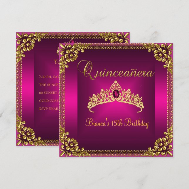 Quinceanera Birthday Pink Tiara Gold Gem Jewel Invitation (Front/Back)