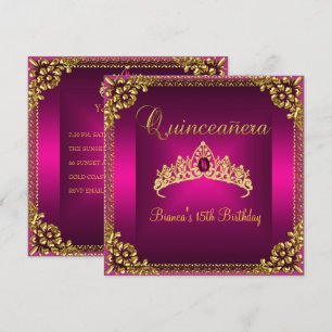Quinceanera Birthday Pink Tiara Gold Gem Jewel Invitation