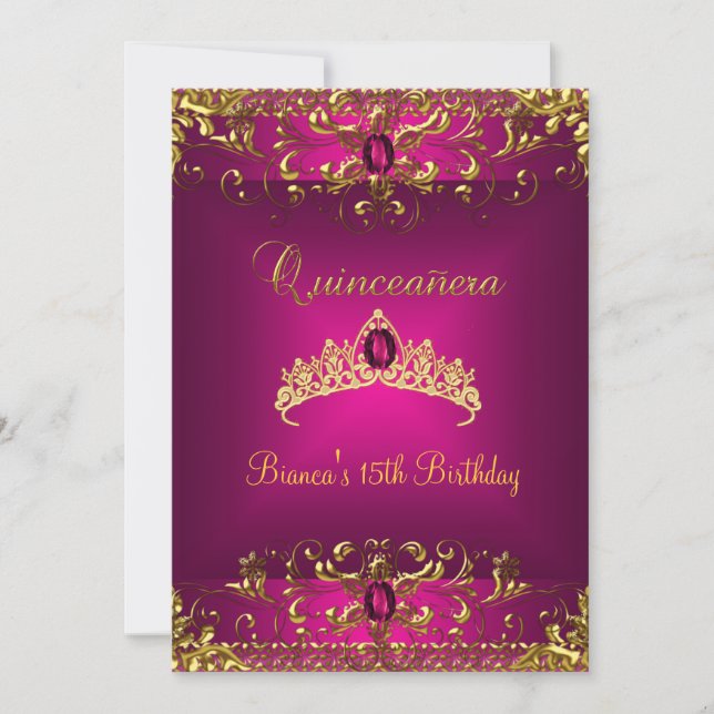 Quinceanera Birthday Pink Tiara Gold Gem Jewel Invitation (Front)