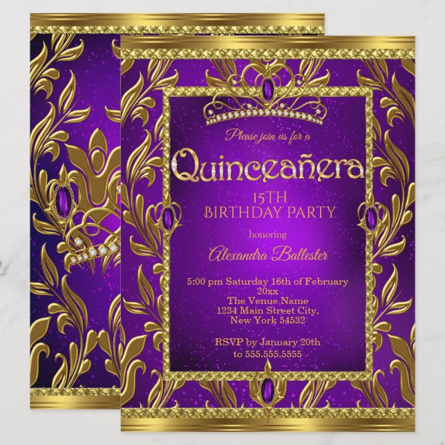 Quinceanera Birthday Purple Blue Tiara Gold Invitation (Front/Back)