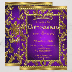 Quinceanera Birthday Purple Blue Tiara Gold Invitation